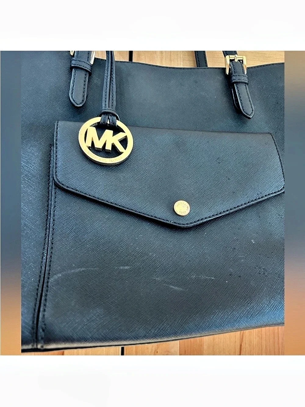 Michael Kors black Jet Set large Saffiano Leather Pocket Tote bag purse
